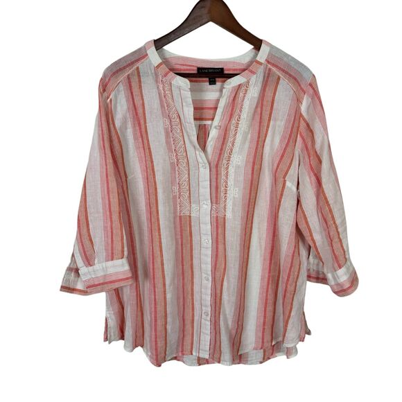 Lane Bryant Pink Orange Striped Linen Blend Button Down Shirt Women's 14/16 - Picture 1 of 4